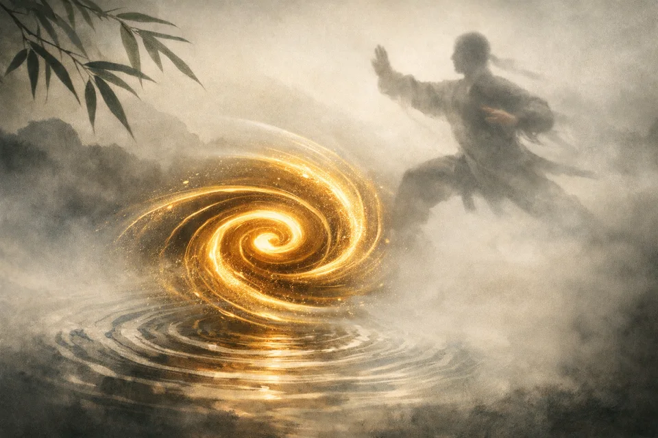 Illustration of a Tai Chi practitioner beside a glowing golden spiral reflected in misty water.