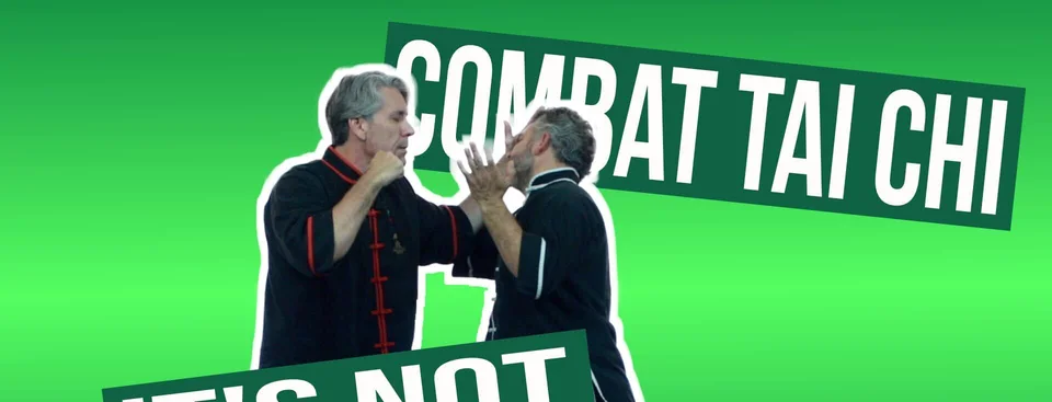 Combat Tai Chi video thumbnail showing two practitioners demonstrating a partner technique against a green background.