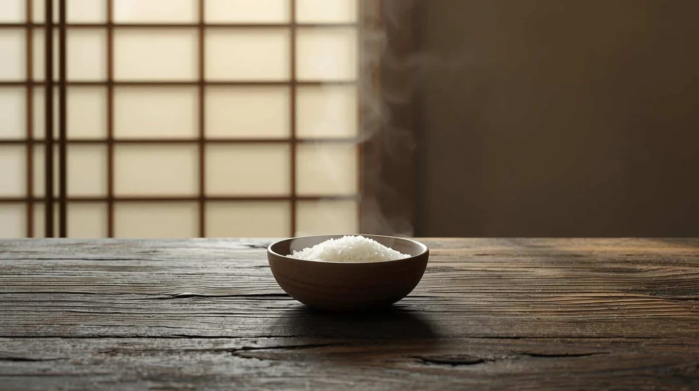 A minimalist photo of a single bowl of rice on a rustic wooden table, soft light from a paper window casting long shadows. The image evokes calm, gratitude, and balance — inspired by Daoist simplicity and Shaolin mindfulness.