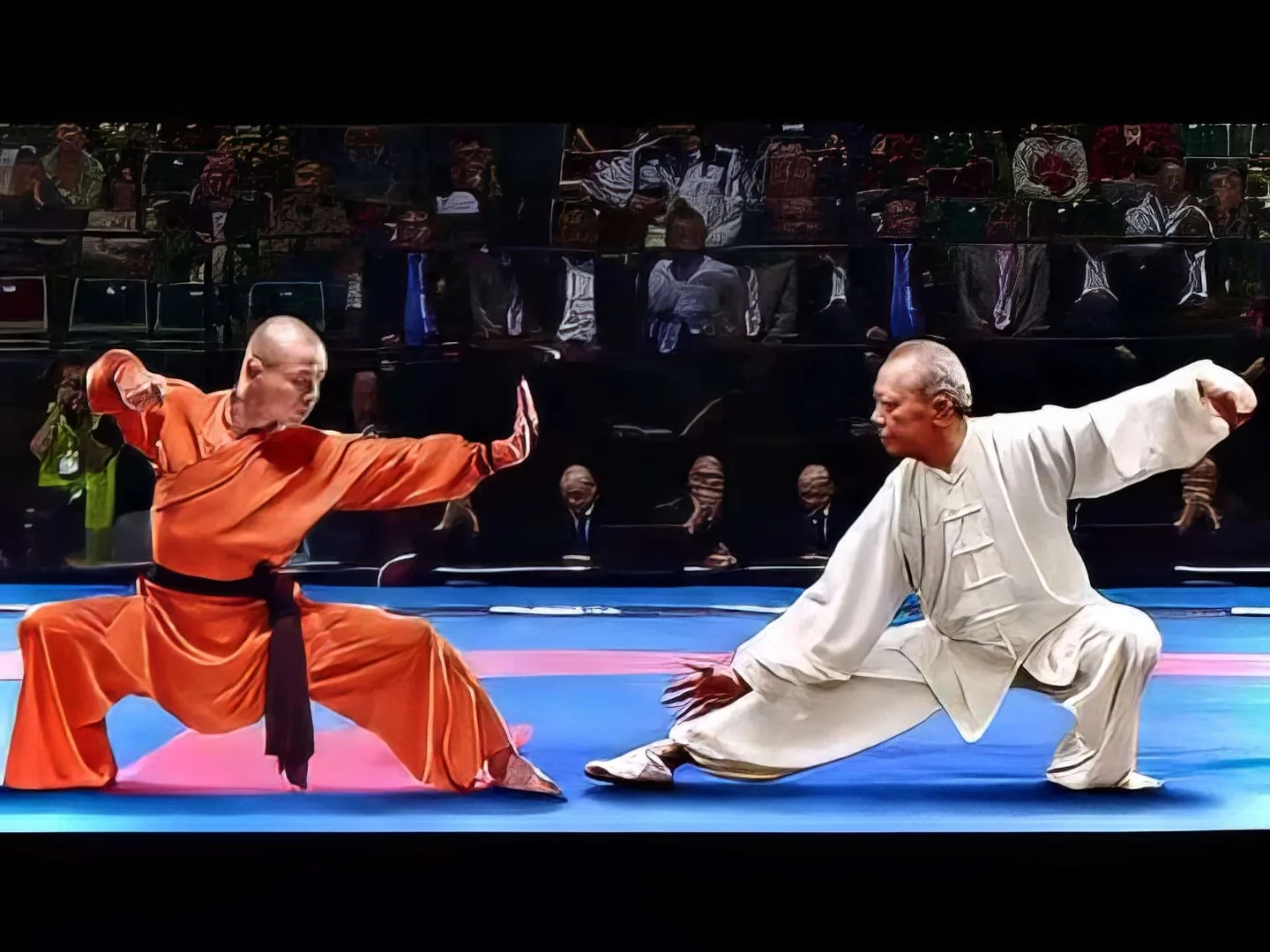 Two martial artists in orange and white uniforms holding low stances on a blue and pink floor.