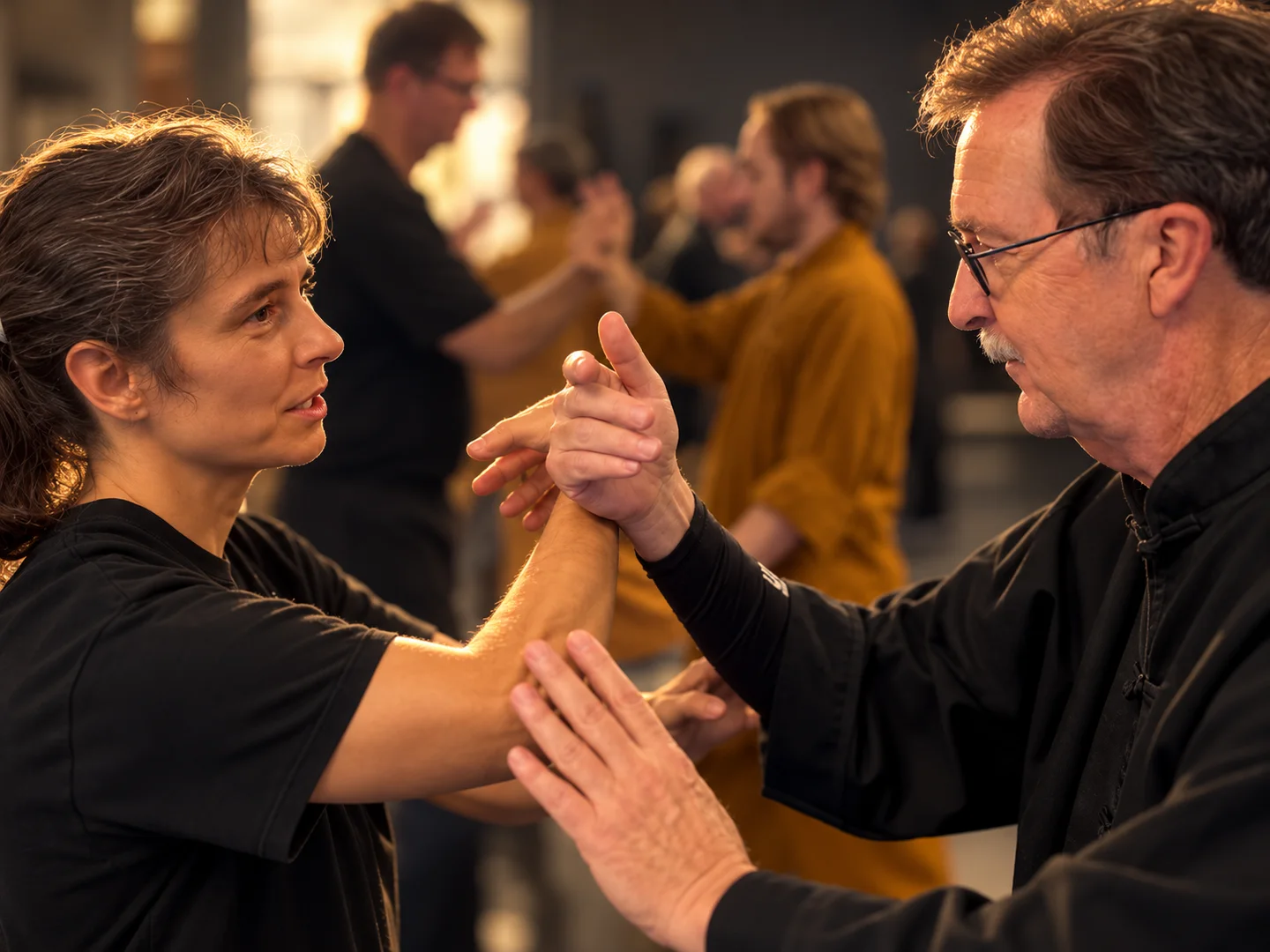 Two martial artists practicing Tai Chi push hands, maintaining forearm contact during a partner exercise.