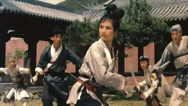 A scene featuring women in Kung Fu, with a female martial artist in traditional attire leading a group in sword techniques in a courtyard surrounded by Chinese architecture.