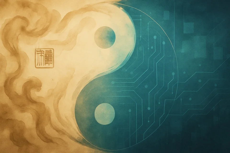 Abstract image symbolizing the harmony of ancient Eastern wisdom and modern life, with organic brushstroke patterns merging with geometric circuit designs in a Yin-Yang inspired composition.