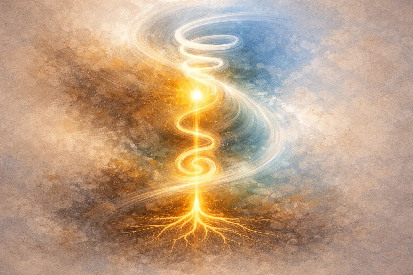 Abstract illustration of golden roots rising into a spiral of light between warm and cool colors.