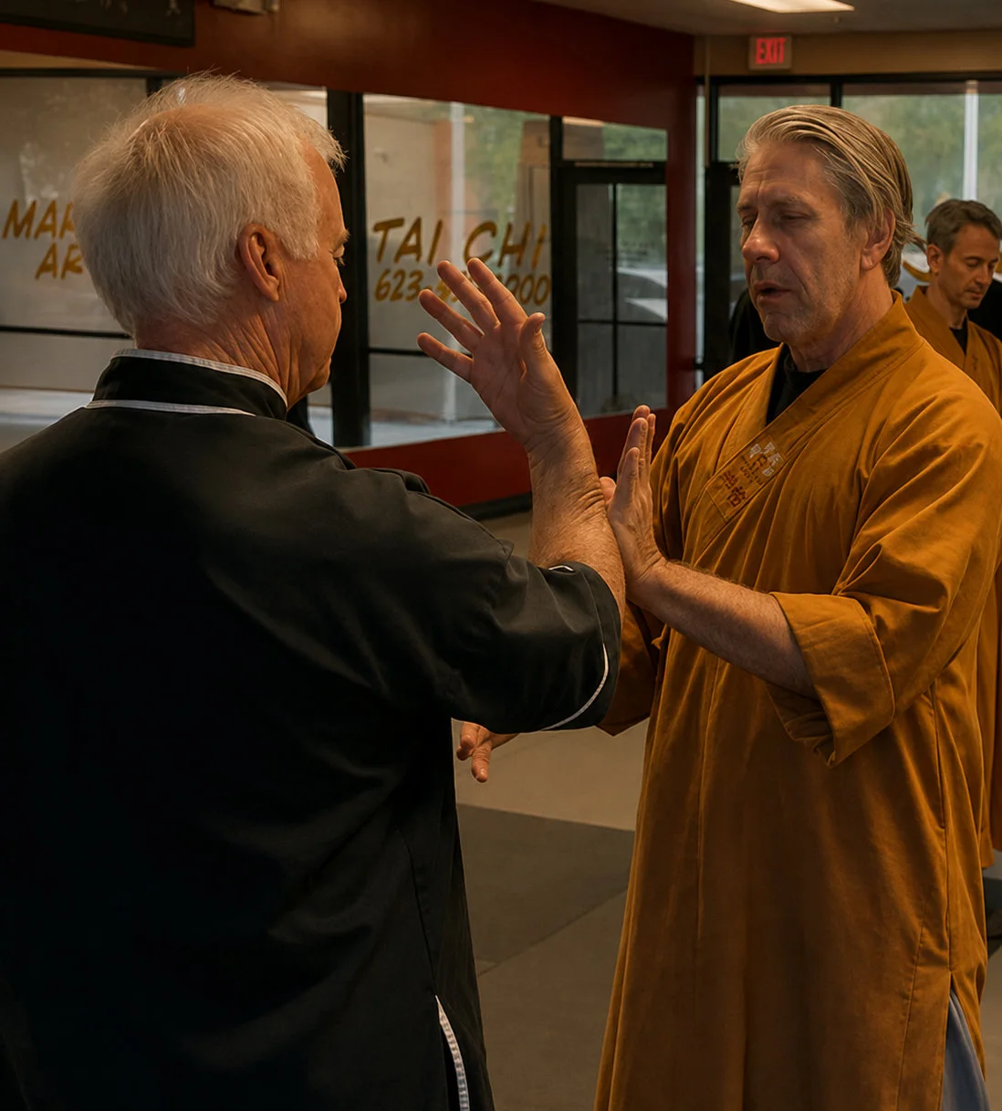 Master Workman guiding a student in close partner practice