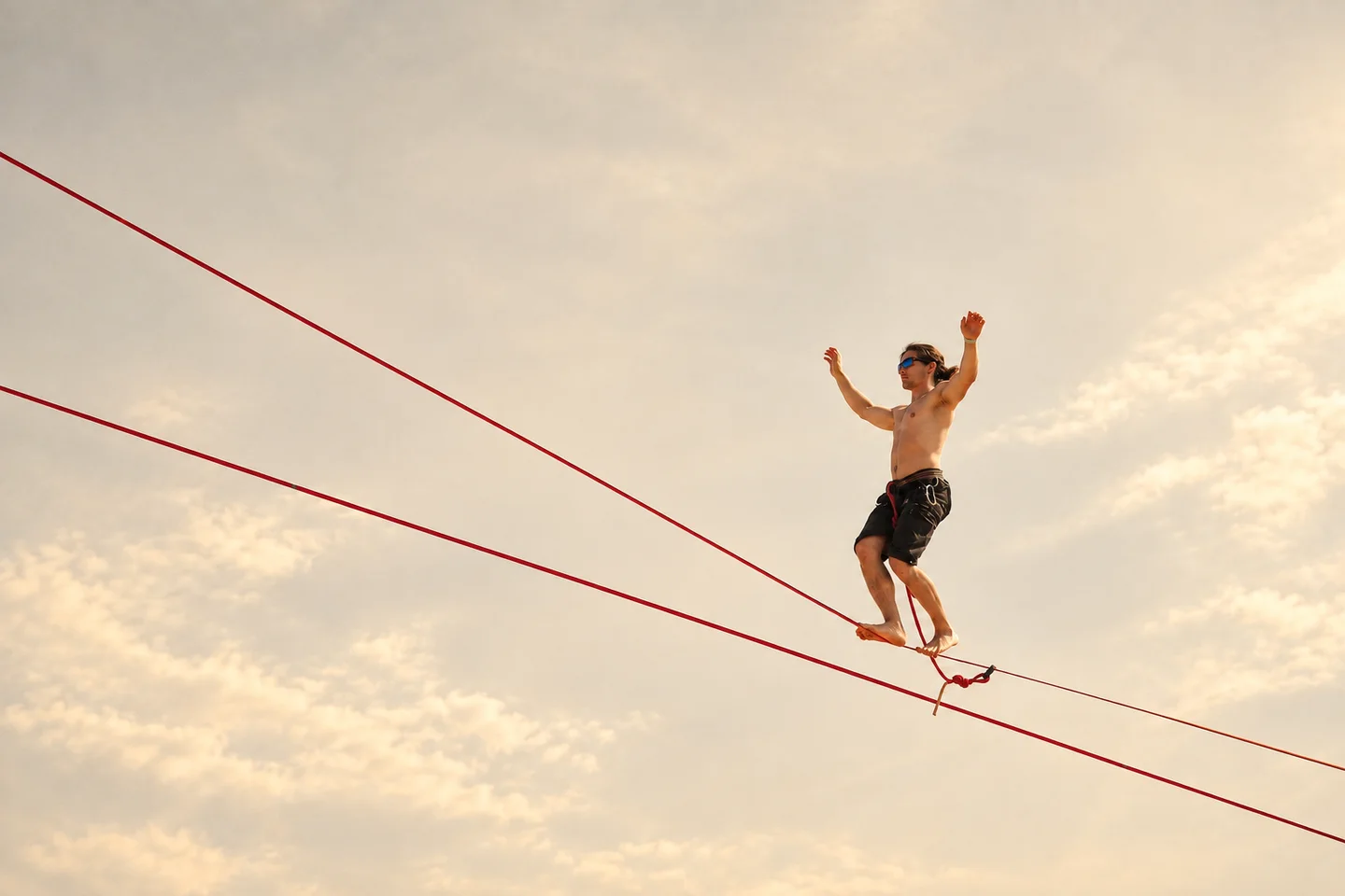 A person balancing on a slackline against a cloudy sky.