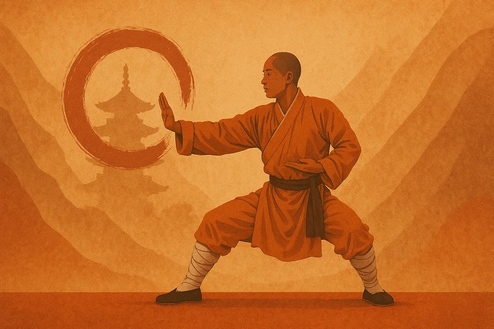 A digital illustration of a Shaolin monk in a martial arts stance, set against a warm, textured background featuring an Enso circle, a traditional pagoda silhouette, and abstract mountain shapes—symbolizing the legacy and philosophy of traditional Kung Fu.