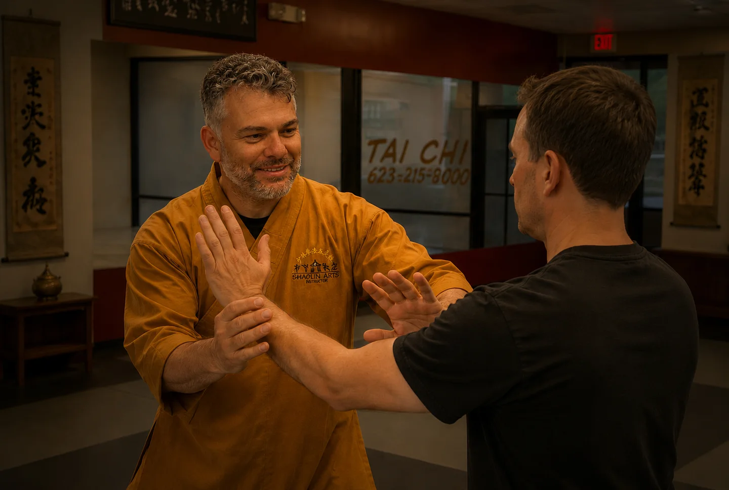 An instructor working with a student in partner practice