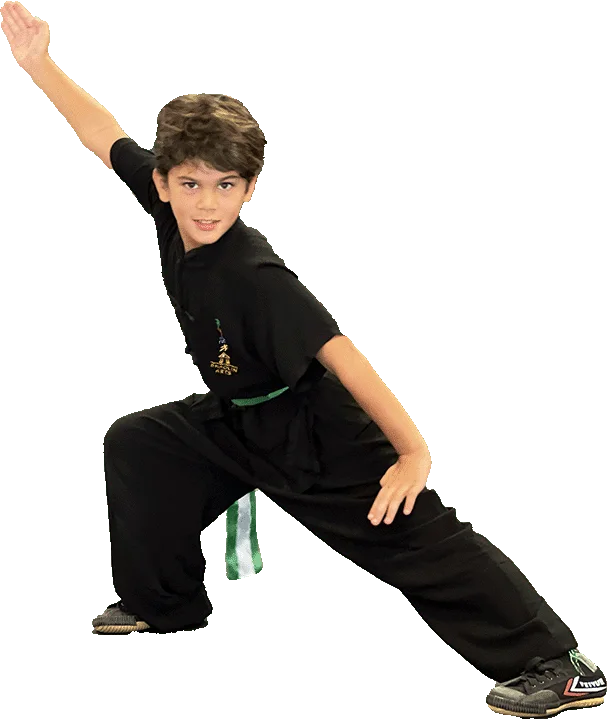 A young Shaolin Arts student demonstrating a low stance