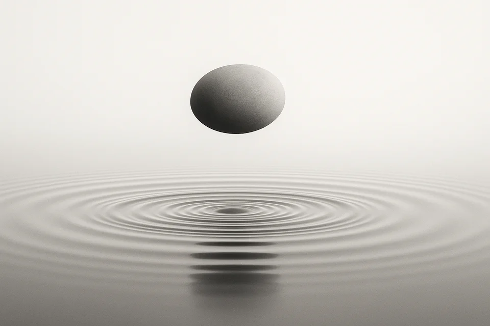 Minimalist illustration of a rounded stone suspended above concentric ripples in water.